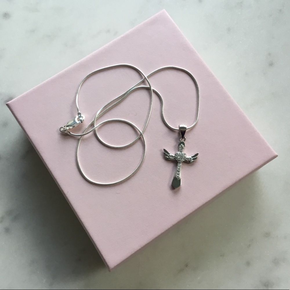 Sterling Silver Cz Cross with Angel Wings Necklace - Picture 6 of 16